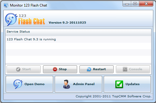 Service Monitor Panel of 123 Flash Chat, Chat Software