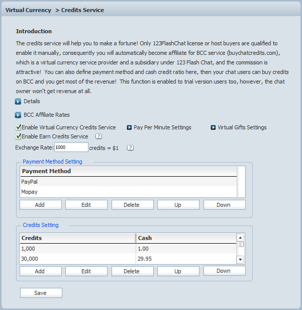 Credits Service Settings in Admin Panel of 123 Flash Chat, Chat Software Credits Service Settings in Admin Panel of 123 Flash Chat, Chat Software